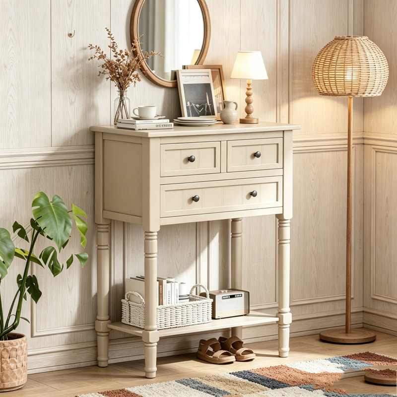 Console étroite avec trois tiroirs de rangement et une tablette inférieure, Beige