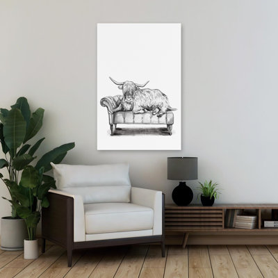 Chaise Lounge Highland - Contemporary Highland Cow On Couch Black And White Drawing Animal On Furniture Art