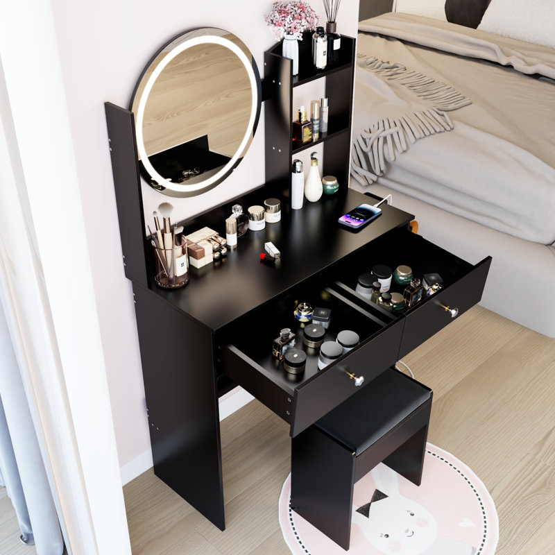 17" Led Mirror Vanity Table And Cushioned Stool, 3 Colors Of Adjustable Brightness , Built - In 2 Ac + Power Ports, Big Mirror, Touch Switch, Multi Layer Storage, American Style, 46.5 Height Stool ,