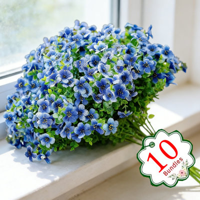 10 Bundles UV‑Resistant Artificial Outdoor Flowers, Blue 14‑Inch Faux Plastic Silk Flowers for Porch Patio Garden Balcony Decor, Pots Not Included (Set of 10)