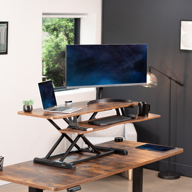 VIVO Height Adjustable 48" Standing Desk Monitor Riser, Vintage Brown, 47.6" W x 16" D
