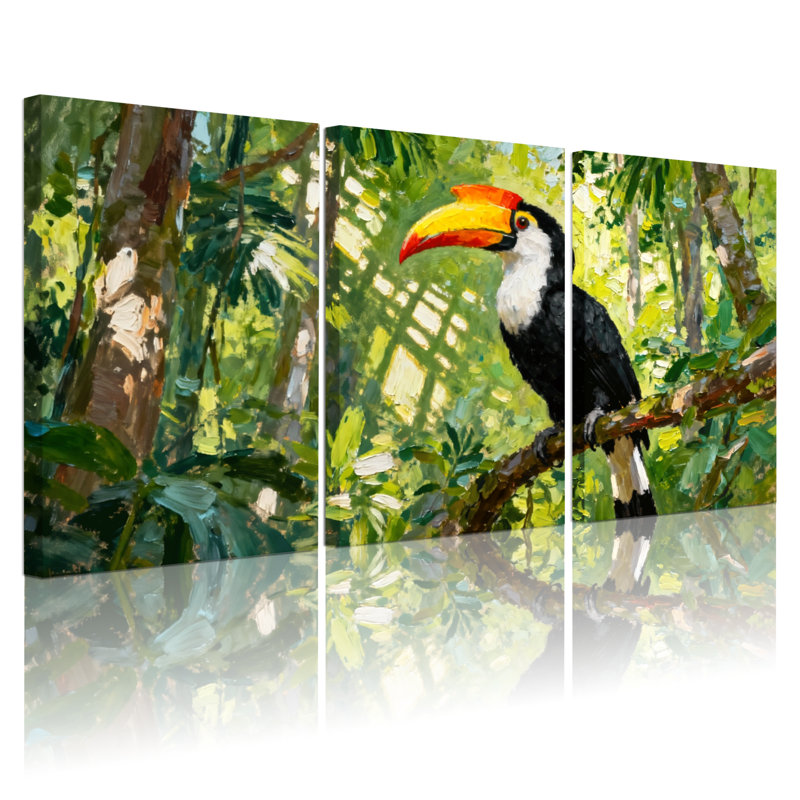 Oiseaux toucans perchés dans une jungle luxuriante, ensemble de 3 impressions sur toile, H 24 po x l 48 po