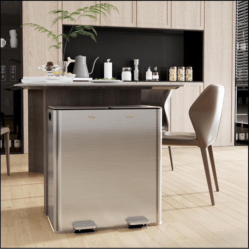 Large Dual Trash Can 2 x 8 Gallons with Plastic Inner Buckets - 60 Litres Stainless Steel Kitchen Double Trash Can,2 Compartment Trash Can Combo Garbage Bin with Separated Lid and Foot Pedal for Kitchen
