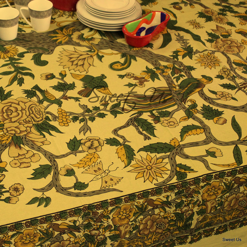 Floral Tree of Life 100% Cotton Square Tablecloth, Beige Yellow