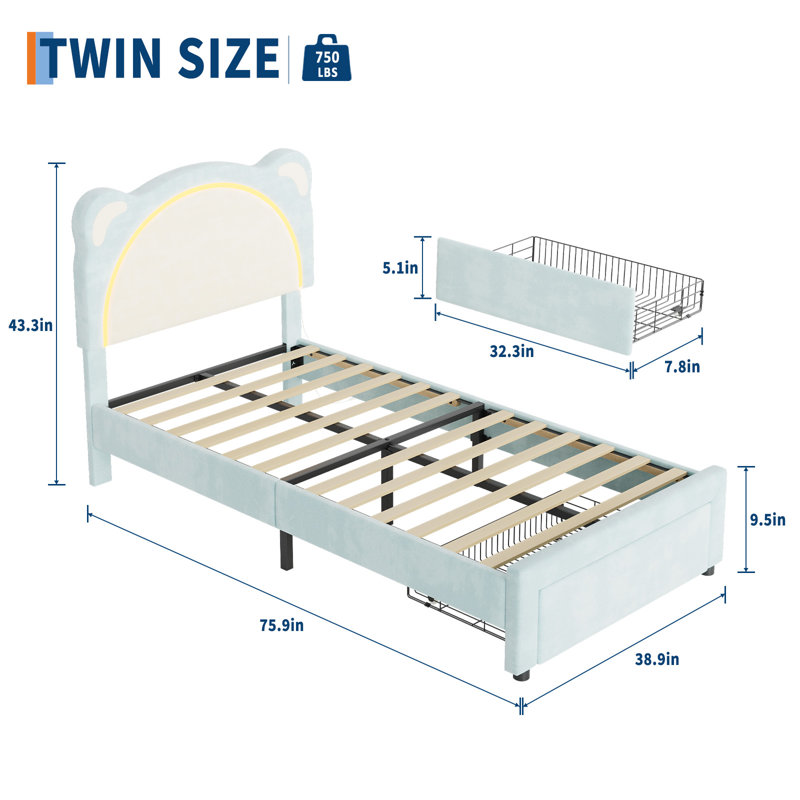 Twin Size Velvet Upholstered Headboard Platform Bed Frame with Storage Drawers, Adjustable LED Lights with Memory Function, Wood Slat Support, Easy Assembly, Blue