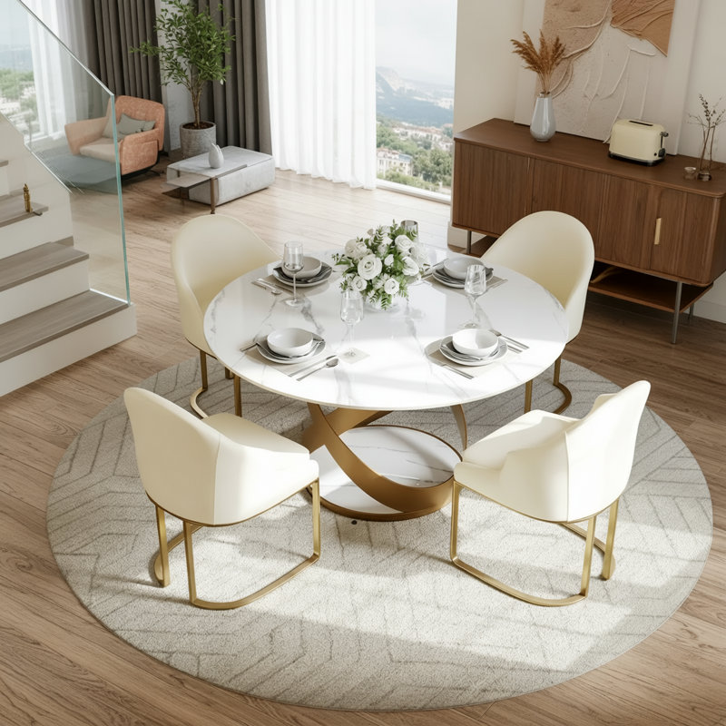  5/7 Pieces Modern Dining Room Sets, Pre-Assembly Round Dining Table Sets, Sintered Stone Tabletop Kitchen Dining Table Set With PU Upholstered Chairs