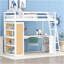 Lit mezzanine simple avec échelle, tablettes et bureau, blanc-447196007-447196006