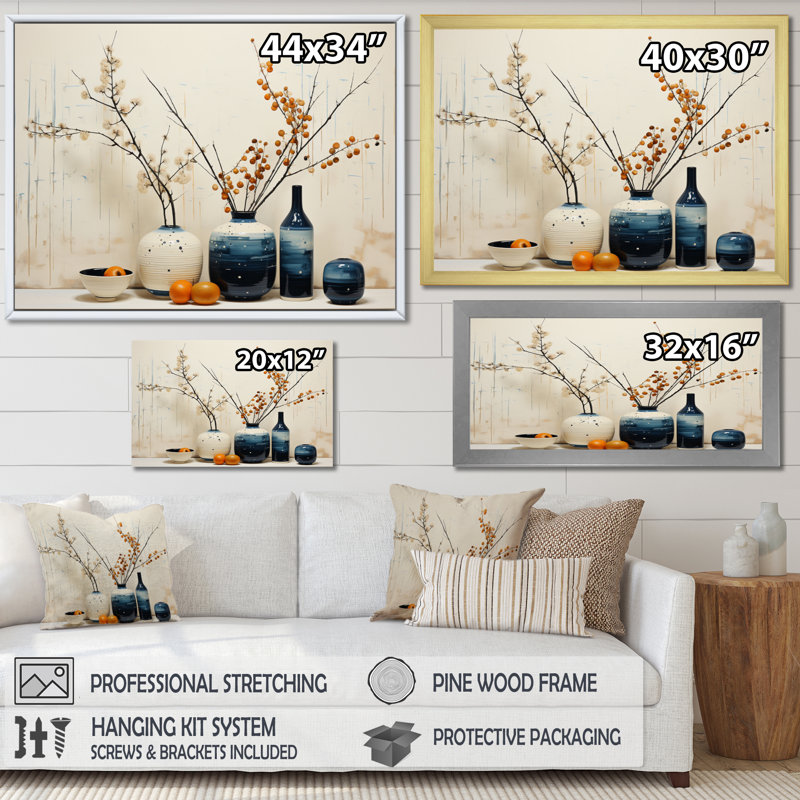 «Blue Beige Minimalist Oasis Pottery», reproduction d'art sur toile, Cadre flottant blanc, H 34 po x l 44 po x P 1,5 po