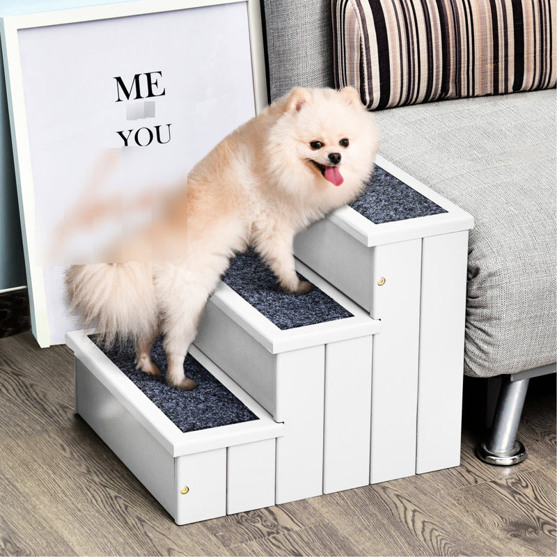 Rampe d'escalier pour animaux 3 marches, antidérapant en bois pour chats, petits chiens - blanc et chats