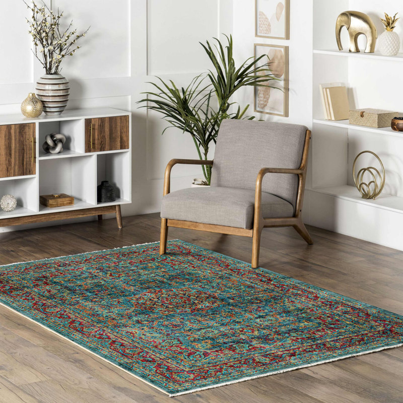 Pender Teal Fuschia Oriental Vintage Look Cotton Chenille Area Rug, Rectangle 6'7" x 10'6"