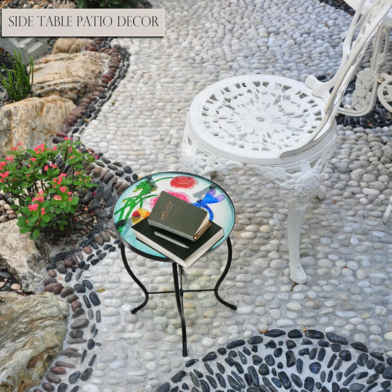 Petite table d'appoint de patio avec plateau en verre, table d'appoint en métal pour le jardin, balcon, décoration d'intérieur / extérieur pour plante