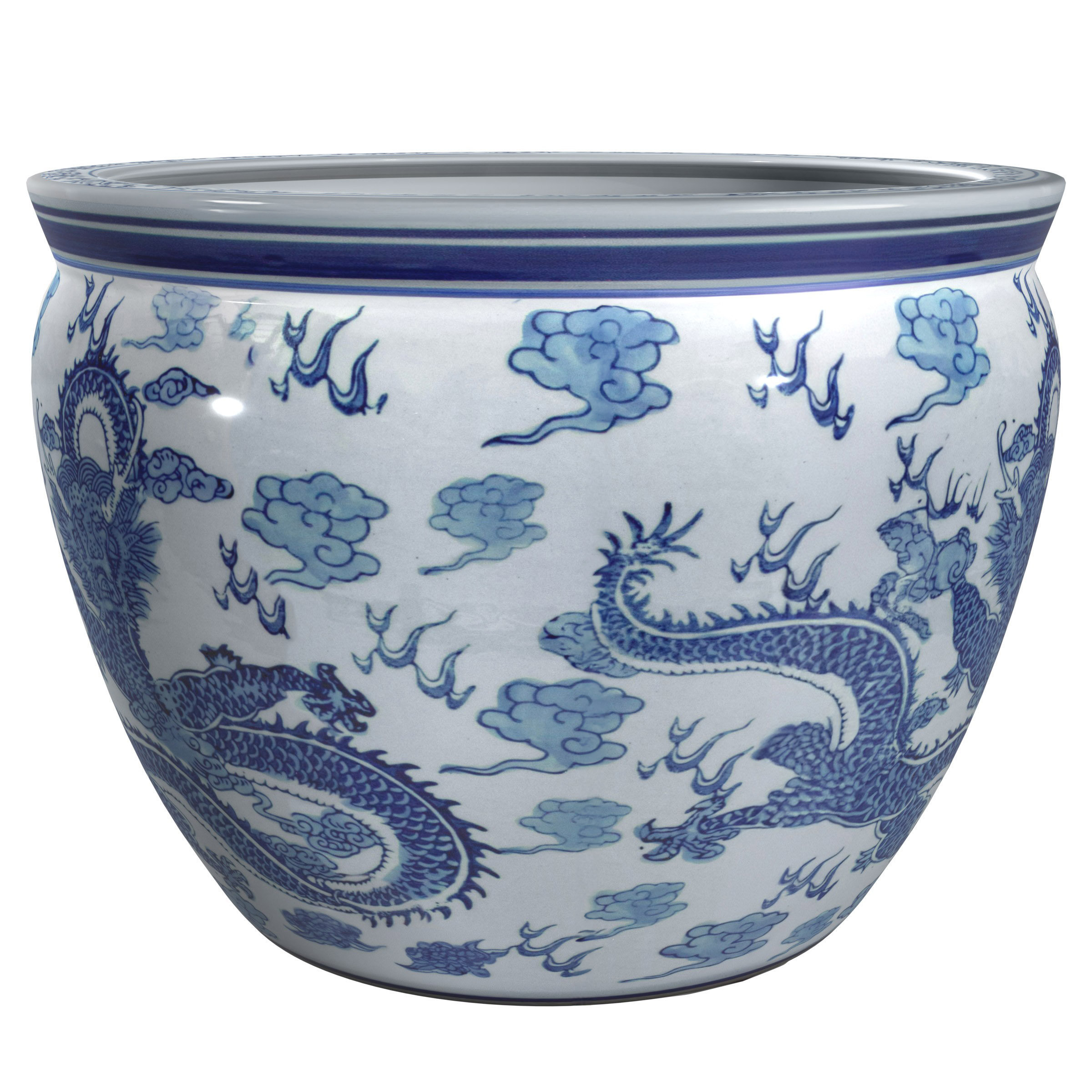 14" Dragon Blue & White Porcelain Fishbowl