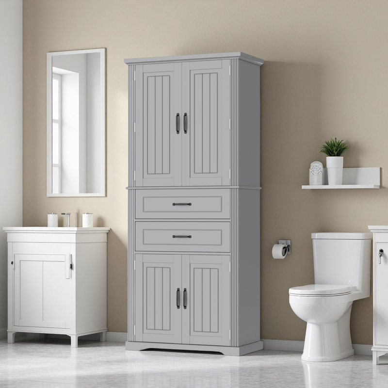 72.6'' Freestanding Bathroom Storage Cabinet With 2 Drawers, 2 Cabinets And Six Behind-door Shelves, Gray