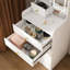 Coiffeuse 3 en 1 avec miroir à DEL et tabouret de rangement - coiffeuse de maquillage compacte avec 4 tiroirs, armoire de rangement et tabouret caché, panneau de densité blanc, bibliothèque ouverte pour l'organisation de la chambre à coucher