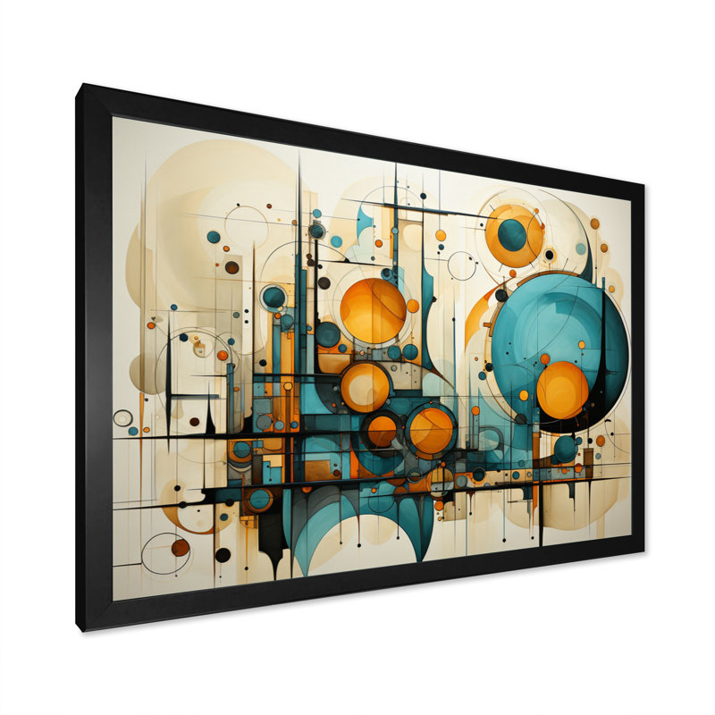 «Garick Teal Yellow Abstract Fractal Collage Melody I», reproduction sur toile, Cadre simple noir, H 24 po x l 32 po x P 1 po