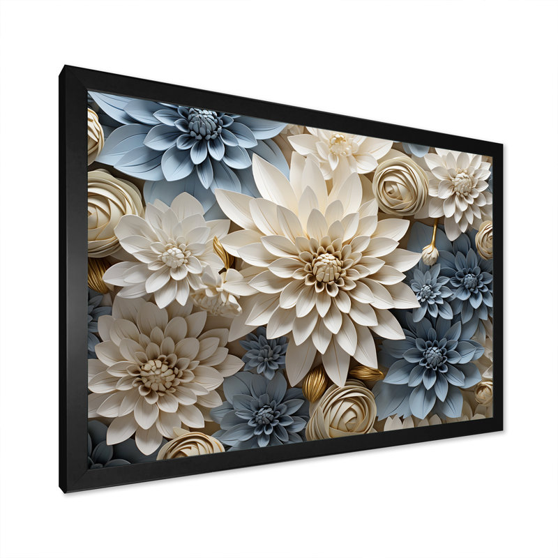 «Simplicity Mums Bloom» en beige et bleu pâle II - Mums, art mural, H 30 po x l 40 po x P 1,5 po, Cadre simple noir