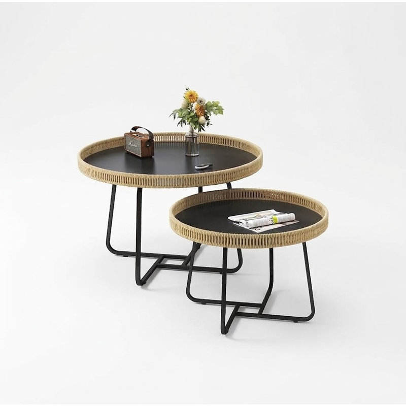 Table basse gigogne ronde à bord tressé, table d'appoint moderne pour espaces intérieurs et extérieurs