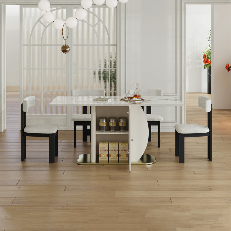 Table de salle à manger 63 po moderne pour 4 personnes avec armoires de rangement, plateau en pierre carbonisée et base en bois massif doré, comprenant 4 chaises en velours blanc pour la cuisine et l’appartement