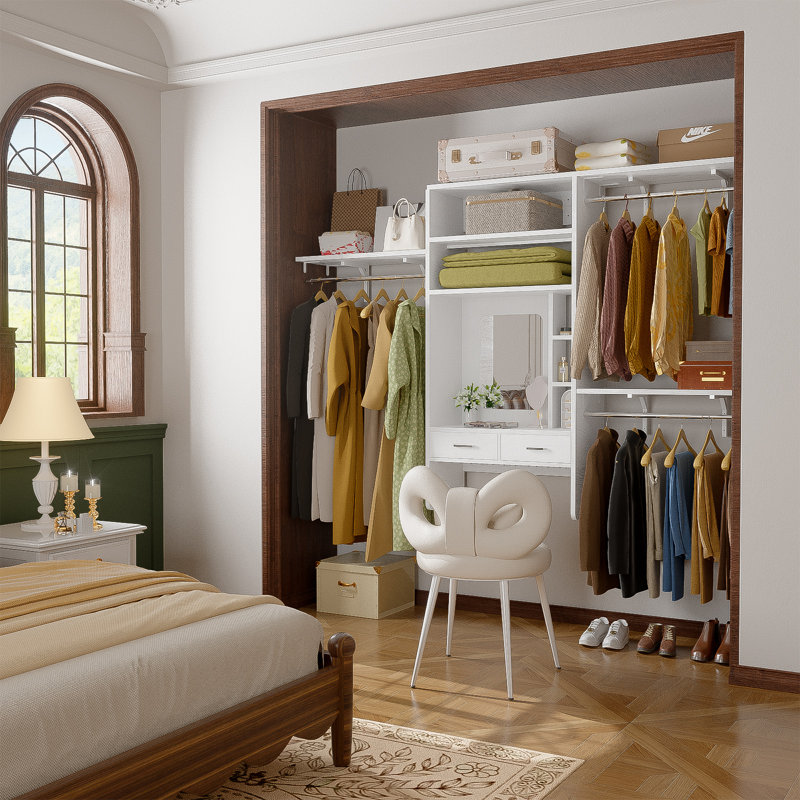 Système d'organisation l 96 po avec tiroirs Woodend, bureau de coiffeuse et tringles de suspension (coupés sur mesure), Blanc