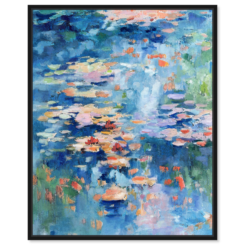 «Inspired by Monet Impressionist Waterlillies Modern Blue», impression encadrée, Toile encadrée noire