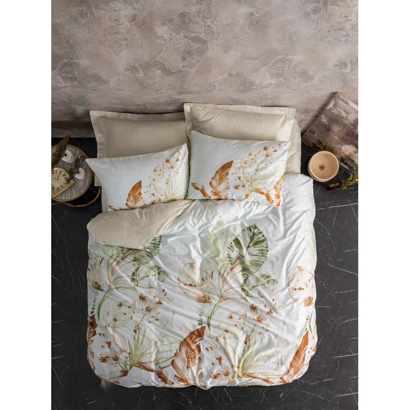 Luxueux ensemble de housse de courtepointe en satin de coton XXL, beige, blanc et vert, 61,0 x 86,6 pouces | 100% satin de coton, contexture de 210 fils | Lavable à la machine, enveloppe et fermeture à boutons, impression réactive élégante pour un confort supérieur