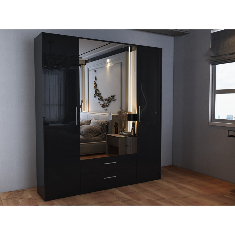 Pamel 4 Door Manufactured Wood Wardrobe, Gloss Black