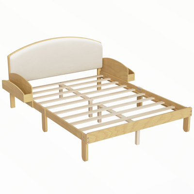 Cadre de lit en bois avec tête de lit rembourrée et étagères de rangement latérales