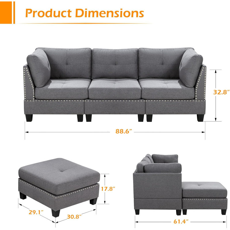 Canapé modulaire rembourré 88,6 po Marmie, Polyester gris