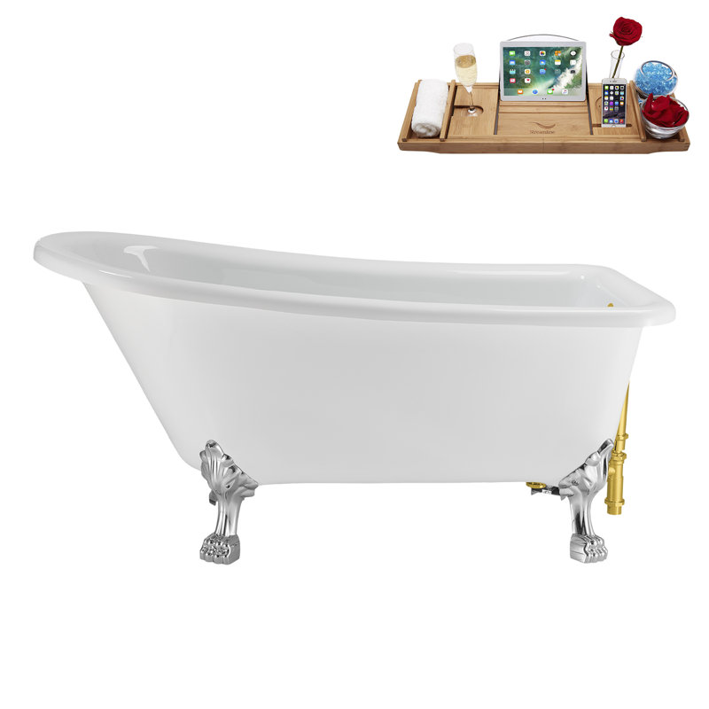 58" Streamlin Clawfoot Tub,Tray,Drain, Clawfeet, Polished Chrome, Polished Gold