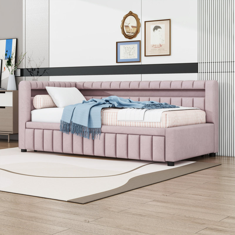 Lit de jour simple TG rembourré avec ports USB, éclairage DEL et lit gigogne, Pink