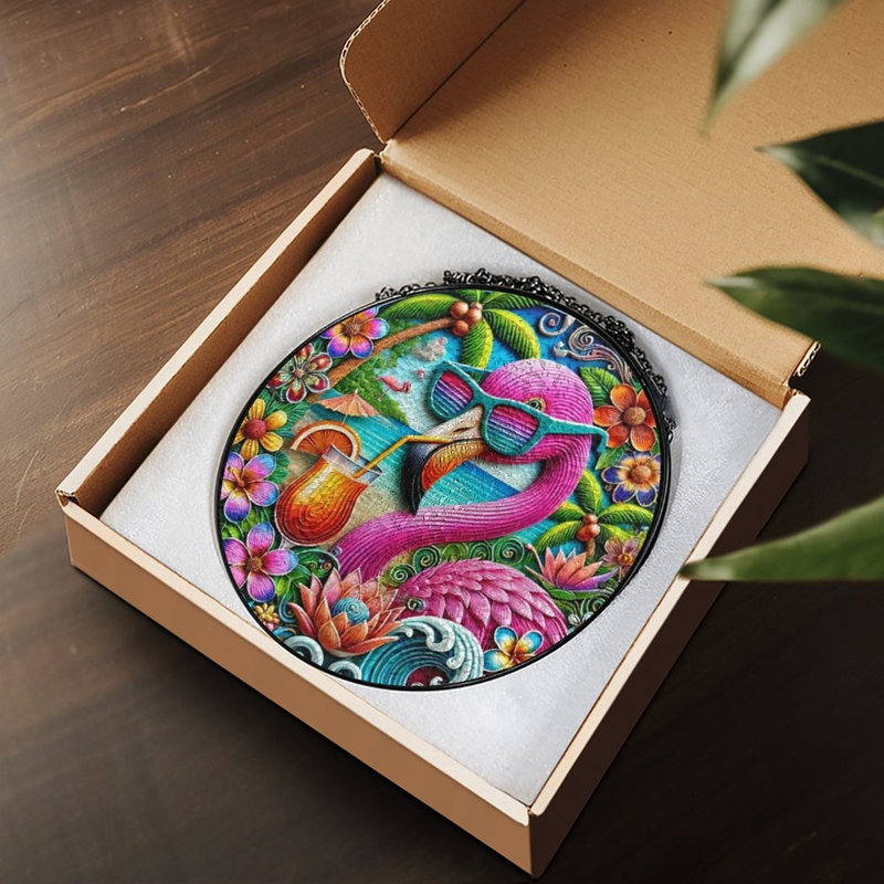 Panneau de vitrail FlamingoEnjoysTropical, 6,3 x 6,3 po (16 x 16 cm)