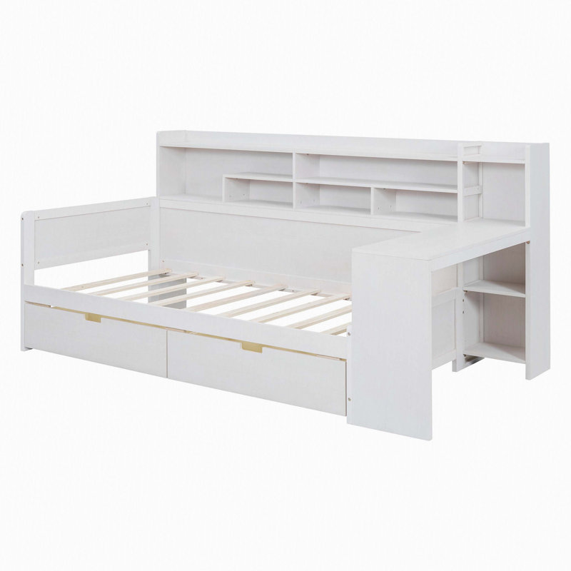 Wooden Daybed with Storage Shelves, Multi-functional Bed, Twin, Antique White