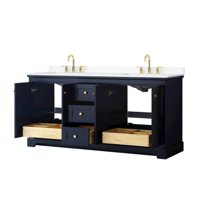 Avery 72 Inch Double Bathroom Vanity in Dark Blue, White Cultured Marble Countertop, Undermount Square Sinks (3-Hole), Brushed Gold Trim