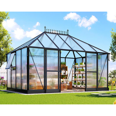 Serre en polycarbonate 14,3 x 9,4 x 8 pi pour l'extérieur, grande véranda d'hiver avec 2 fenêtres réglables et porte coulissante, conception avec cadre en aluminium pour patio et jardin