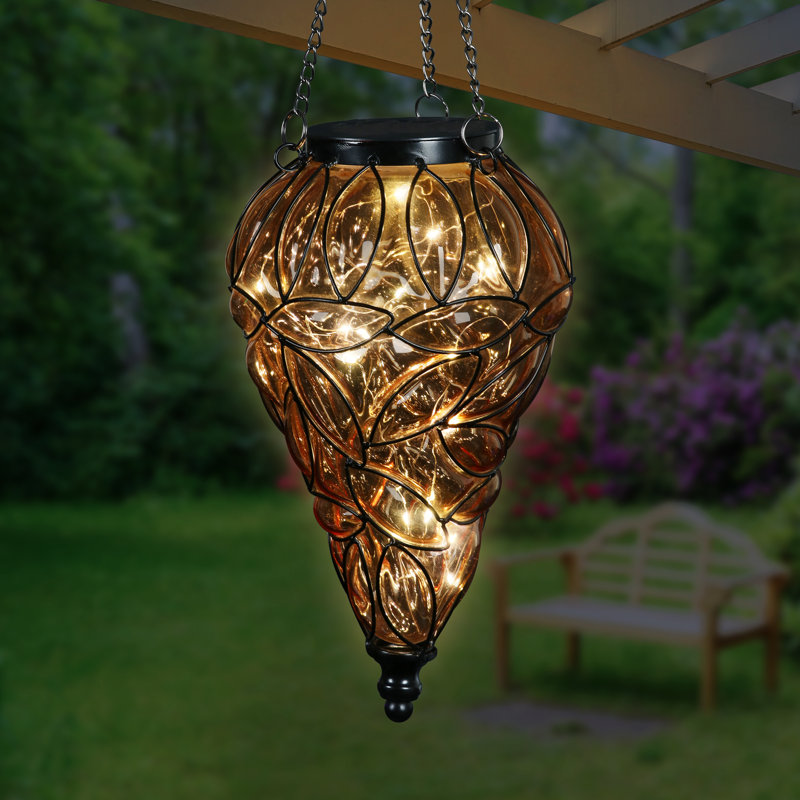 Lanterne suspendue en forme de larme solaire en verre et en métal avec 15 guirlandes de lumières DEL blanc froid Exhart, 7 x 24 po Exhart