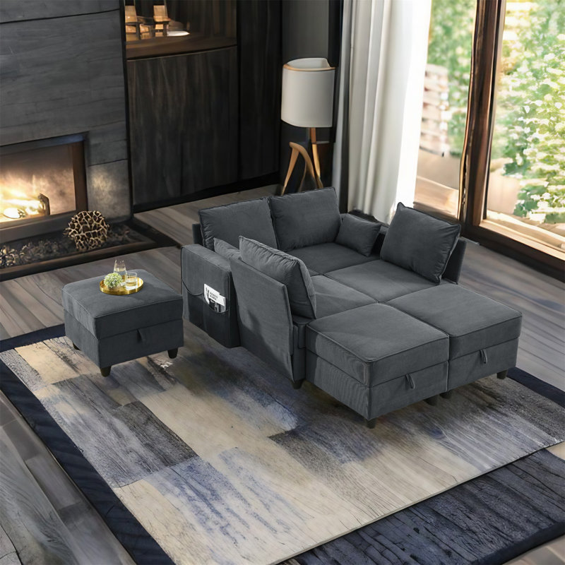 Canapé modulaire 7 pièces Ghufran, Velours côtelé gris foncé