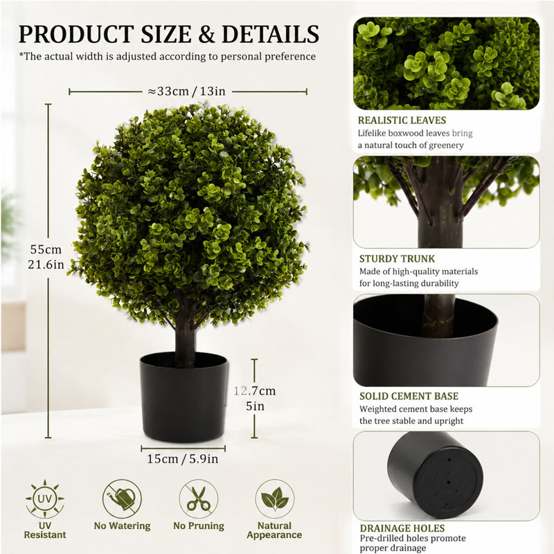 Ensemble de 2 arbustes artificiels en pot, topiaires en buis artificiel, pour porte d'entrée et terrasse, 56 cm de verdure réaliste pour la maison, le bureau ou l'entrée.