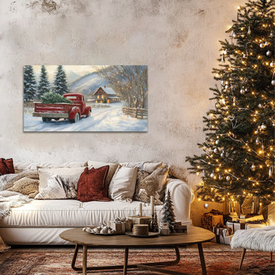 GUTTATY Christmas Canvas Wall Art, Red Truck Winter Landscape Wall Decor, Christmas Snow Scene Cabin Hanging Painting Poster for Living Room, Holiday Indoor Decoration, 32x16 Inch