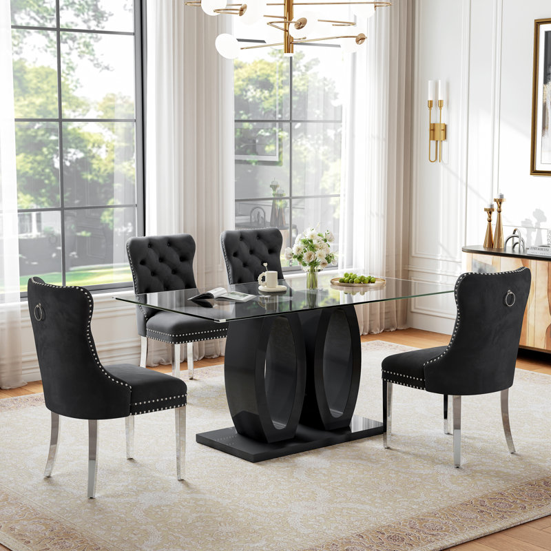 Glass Dining Table, 63" Clear Tempered Glass Top and Double O-Shaped Glossy MDF Base, Black
