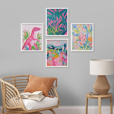 " Playful Dinosaur And Abstract Nature " 4 - Pieces
