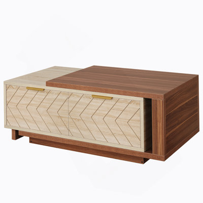 Extendable Walnut & Oak Coffee Table With 2 Storage Drawers, Dual-Tone Center Table With Sliding Tabletop
