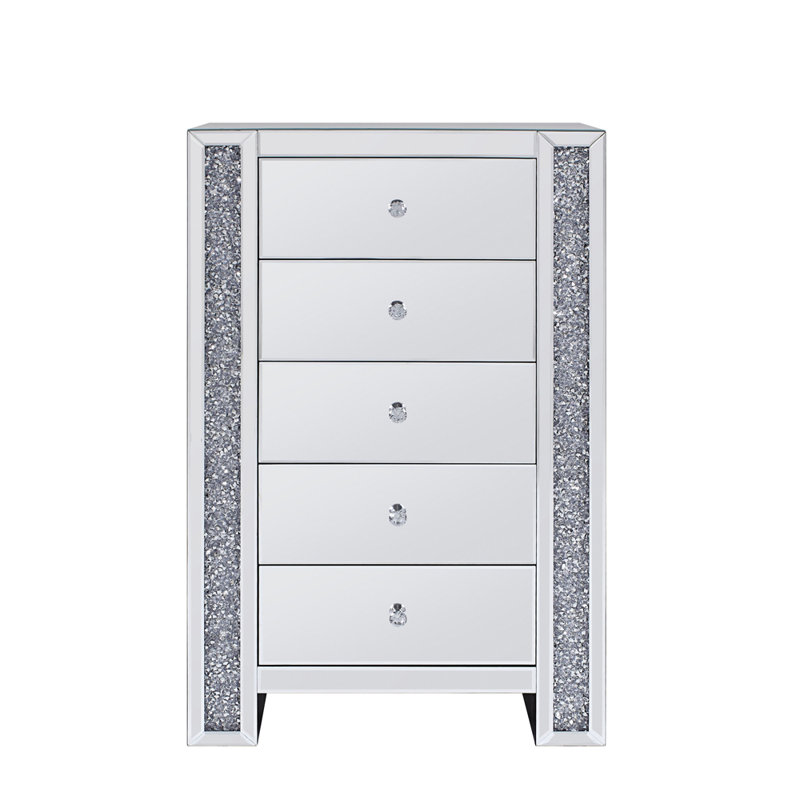 Commode 5 tiroirs Olyn, Miroir / faux diamants