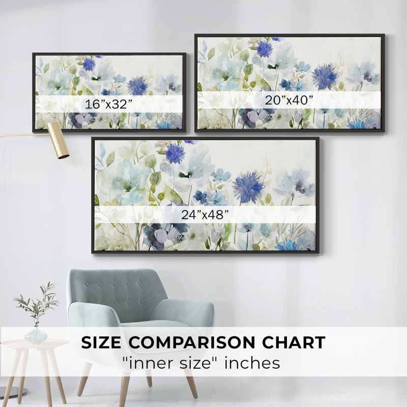Fleurs sauvages en bleu - Toile tendue avec châssis, prête à accrocher, H 25 po x l 49 po, Noir