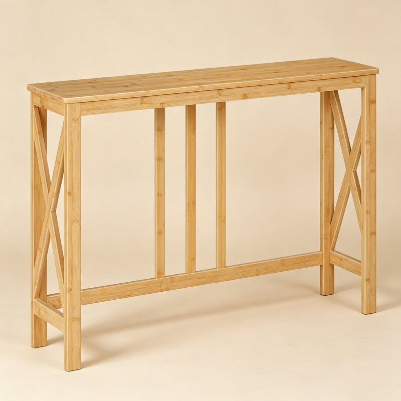 Console mince pour petits espaces, table de canapé étroite avec structure en X, table d'entrée en bambou naturel pour le salon, le couloir ou le vestibule