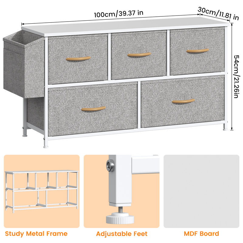 100cm W 5 - Drawer Chest of Drawers, Light Grey