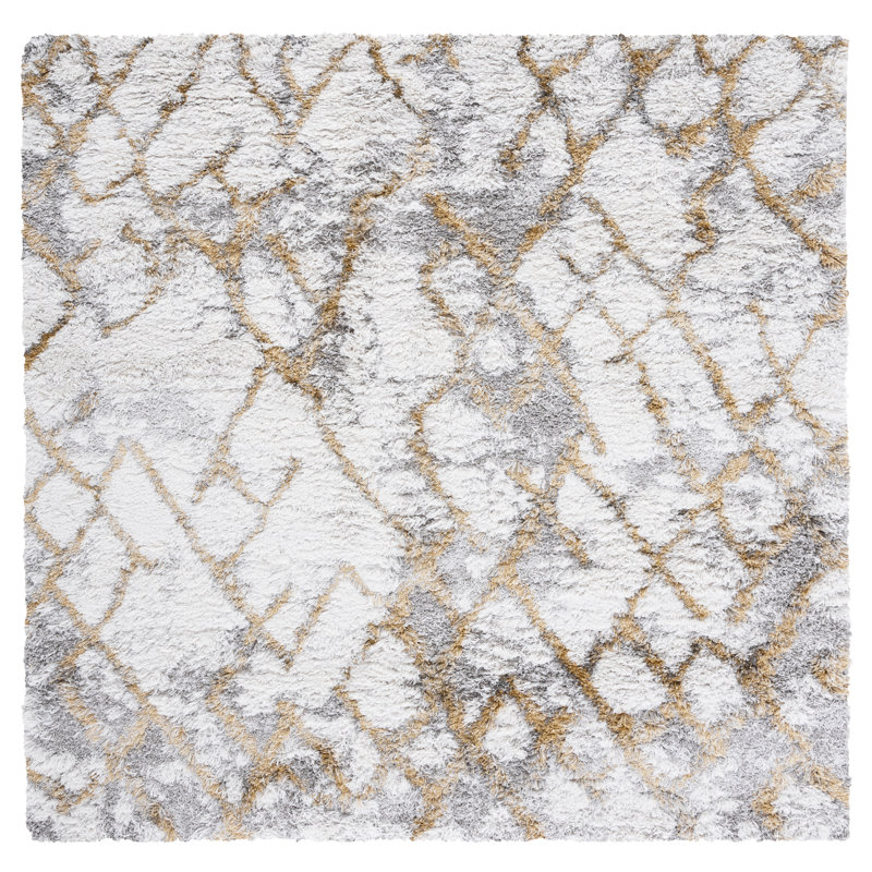 Tapis ivoire / doré à motif abstrait Cade, Carré 6 pi 7 po