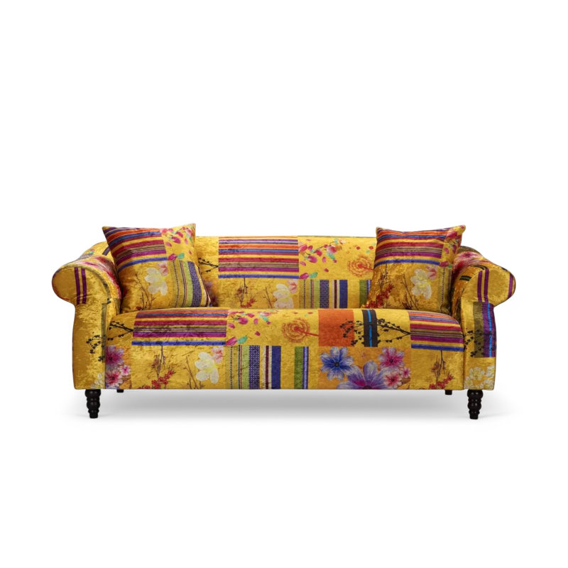 Forsyth Crushed Velvet Patchwork Sofa, Gold, 3