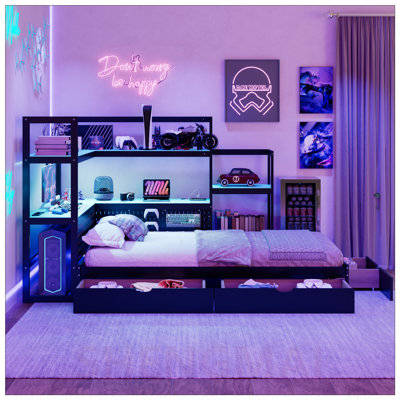 Lit de jour double pour gamers avec bureau intÃ©grÃ©, Ã©clairage DEL et rangement, structure moderne en bois