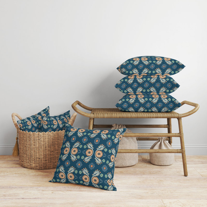 Blue and Orange Floral Reversible Square Throw Pillow