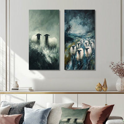 Stormy Pasture Of Sheep III - Animals Wall Art 2 Pieces